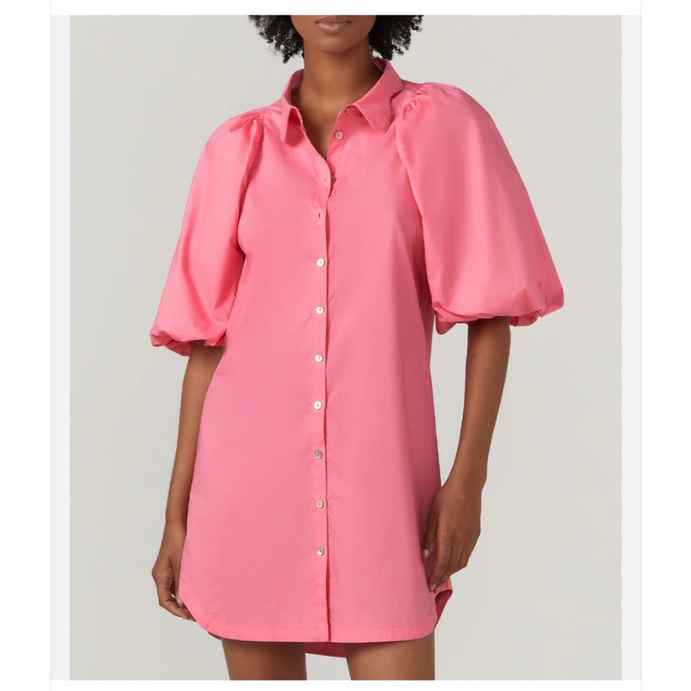 Bird & Knoll Maude Puff Sleeve Pink Shirt  Dress Pink Mini Dress Shirt-Dress